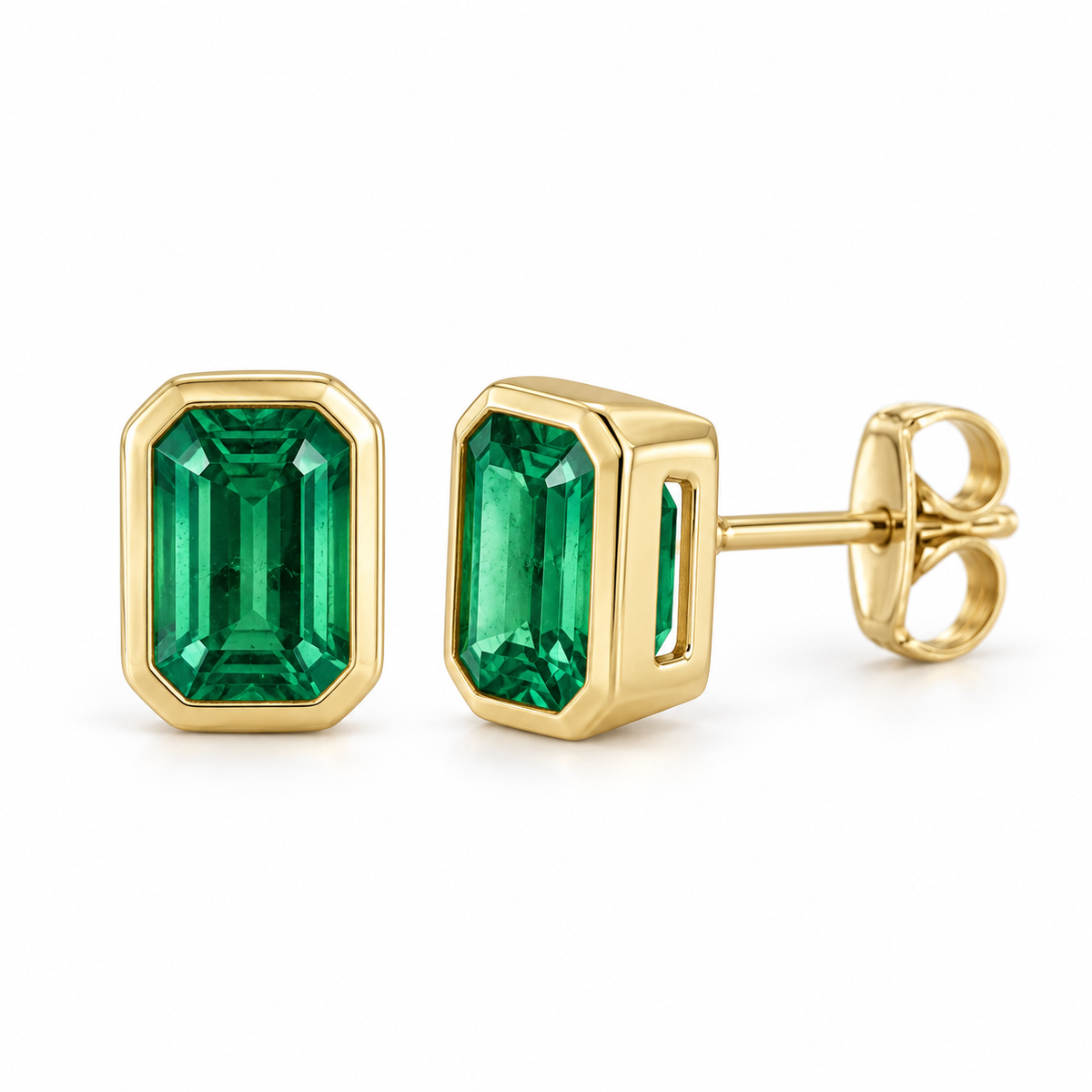 14K Yellow Gold Lab-Grown Emerald Emerald-Cut Bezel Stud Earrings — 5 × 3 mm stones — enhanced studio view