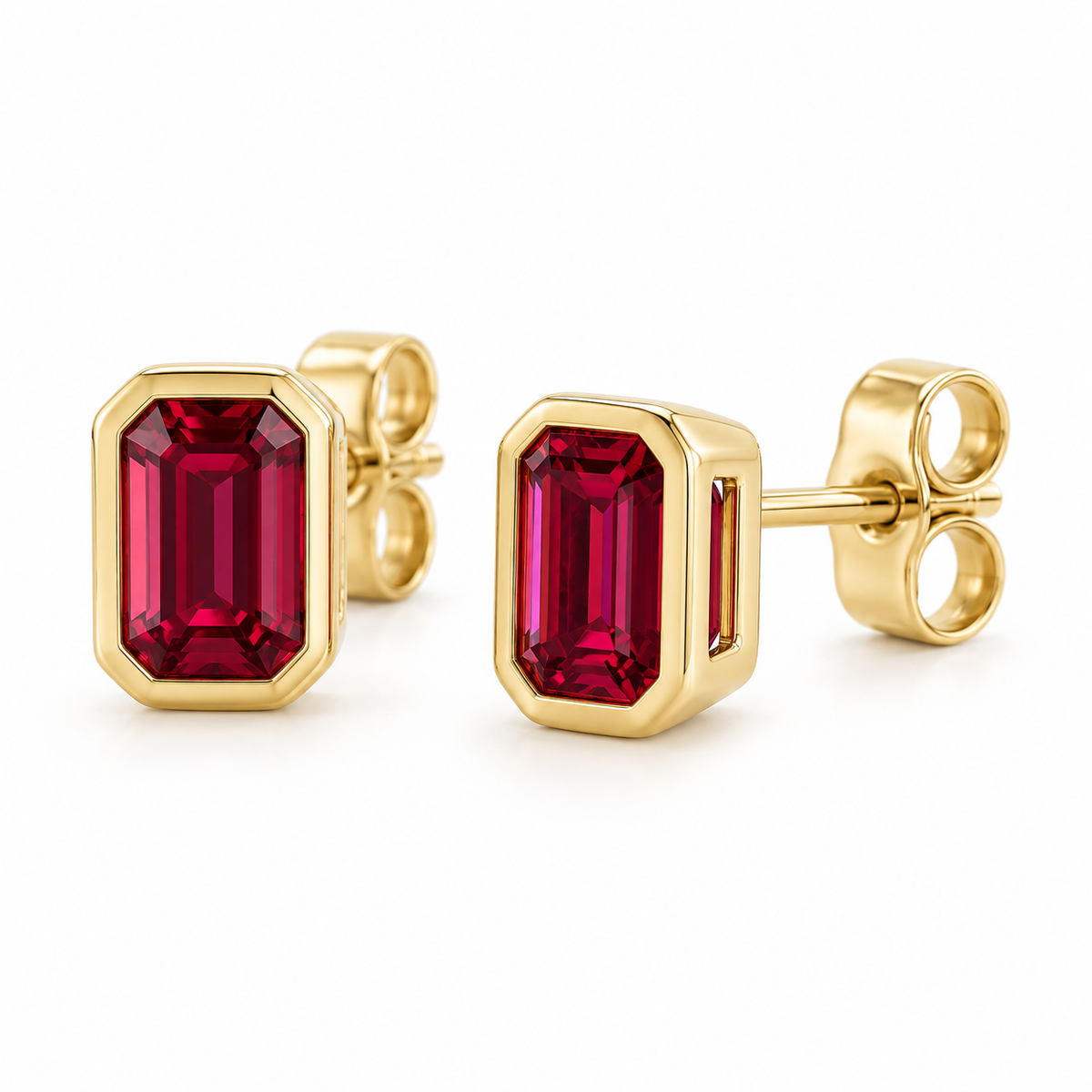 14K Yellow Gold Lab-Grown Ruby Emerald-Cut Bezel Stud Earrings — 5 × 3 mm stones — enhanced studio view