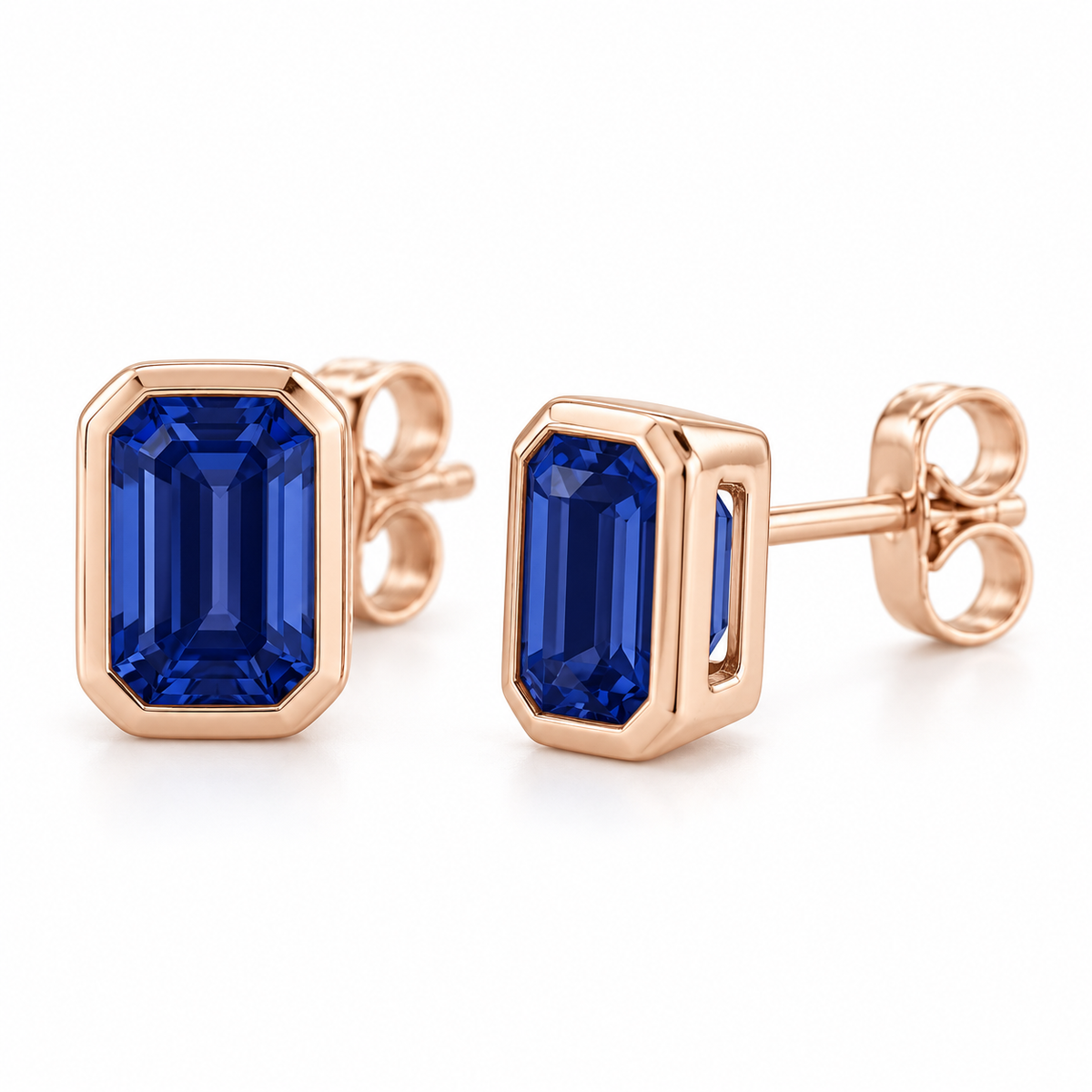 14K Rose Gold Lab-Grown Blue Sapphire Emerald-Cut Bezel Stud Earrings — 5 × 3 mm stones — enhanced studio view