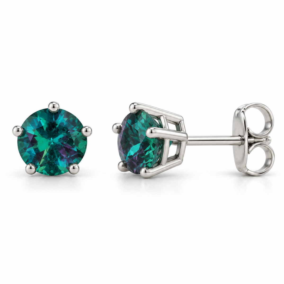 14K White Gold Lab-Grown Alexandrite Solitaire Stud Earrings — 4 mm stones — enhanced studio view
