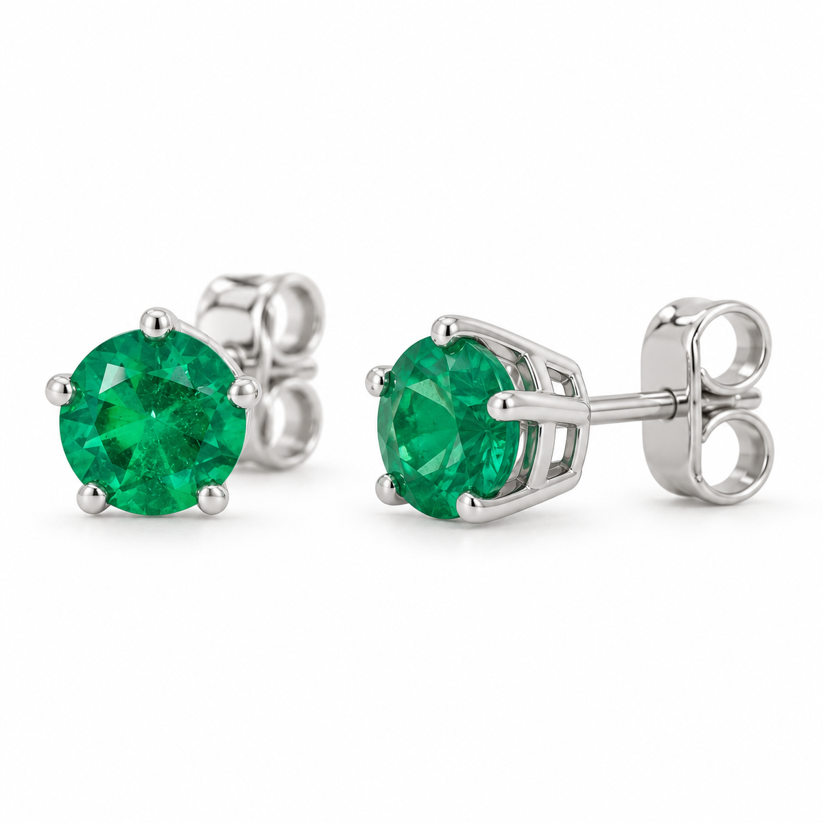 14K White Gold Lab-Grown Emerald Solitaire Stud Earrings — 4 mm stones — enhanced studio view