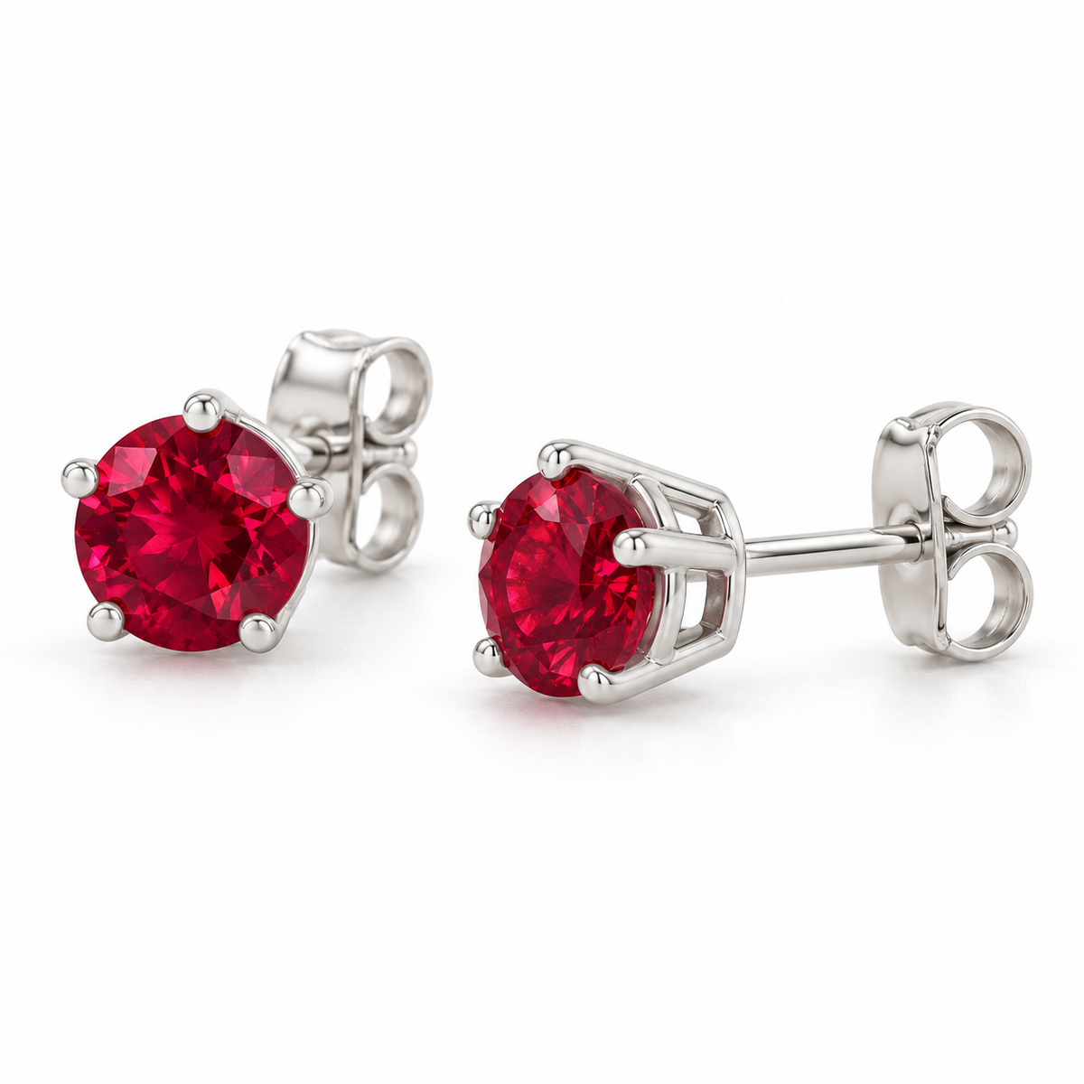 14K White Gold Lab-Grown Ruby Solitaire Stud Earrings — 4 mm stones — enhanced studio view