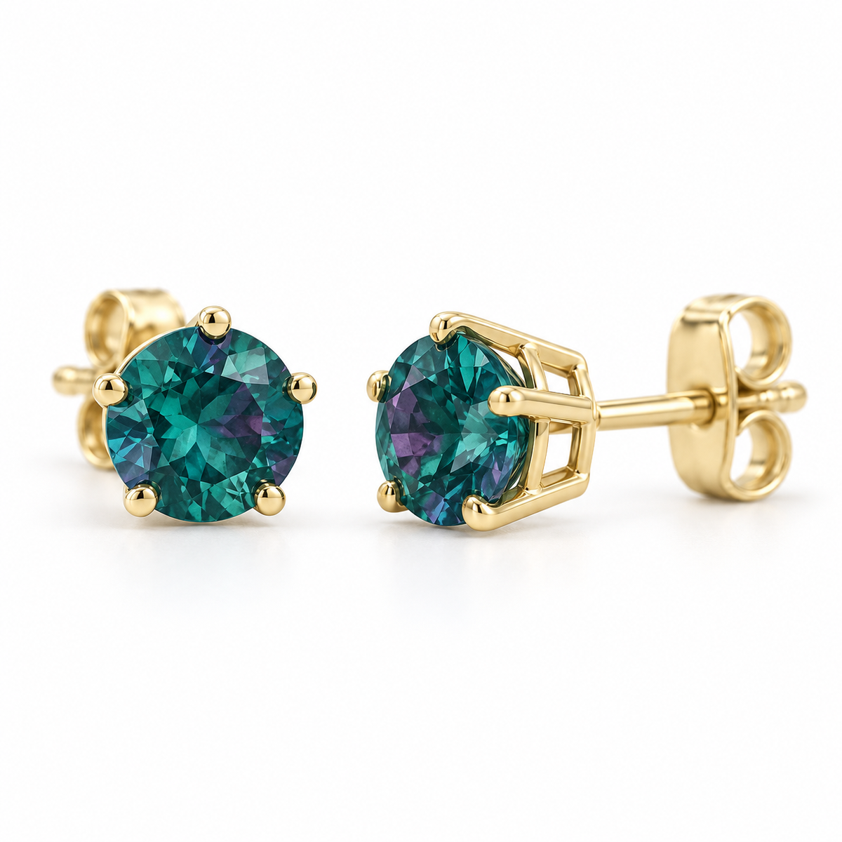 14K Yellow Gold Lab-Grown Alexandrite Solitaire Stud Earrings — 4 mm stones — enhanced studio view
