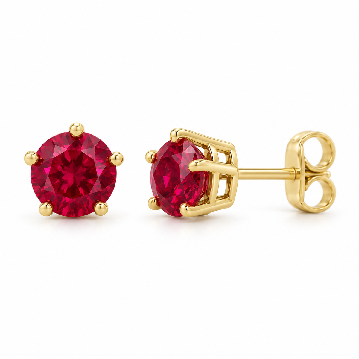 14K Yellow Gold Lab-Grown Ruby Solitaire Stud Earrings — 4 mm stones — enhanced studio view