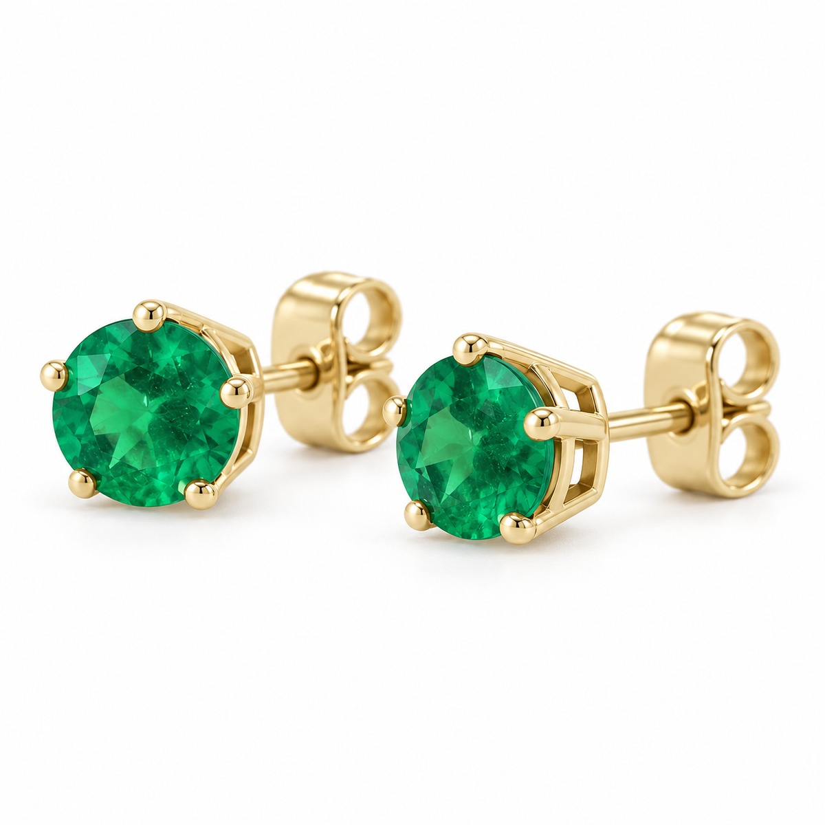 14K Yellow Gold Lab-Grown Emerald Solitaire Stud Earrings — 4 mm stones — enhanced studio view