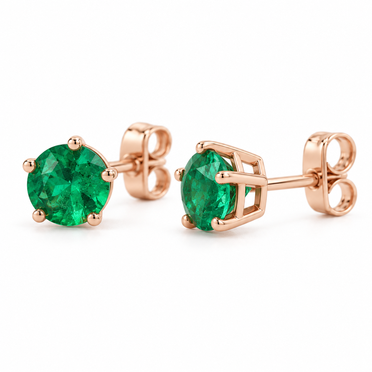 14K Rose Gold Lab-Grown Emerald Solitaire Stud Earrings — 4 mm stones — enhanced studio view