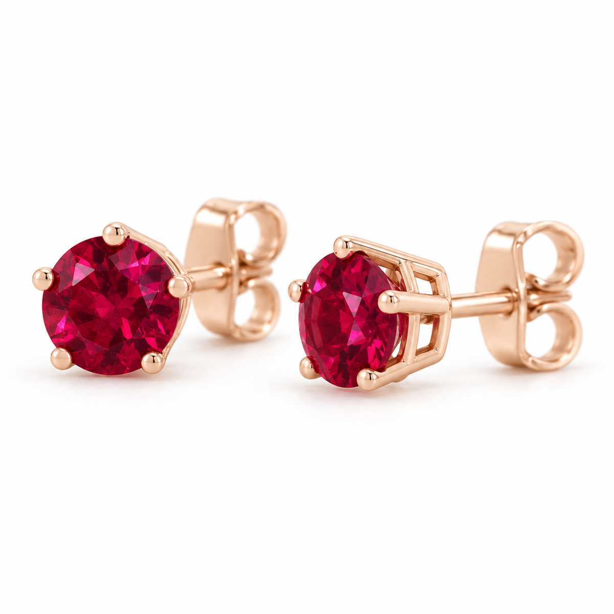14K Rose Gold Lab-Grown Ruby Solitaire Stud Earrings — 4 mm stones — enhanced studio view