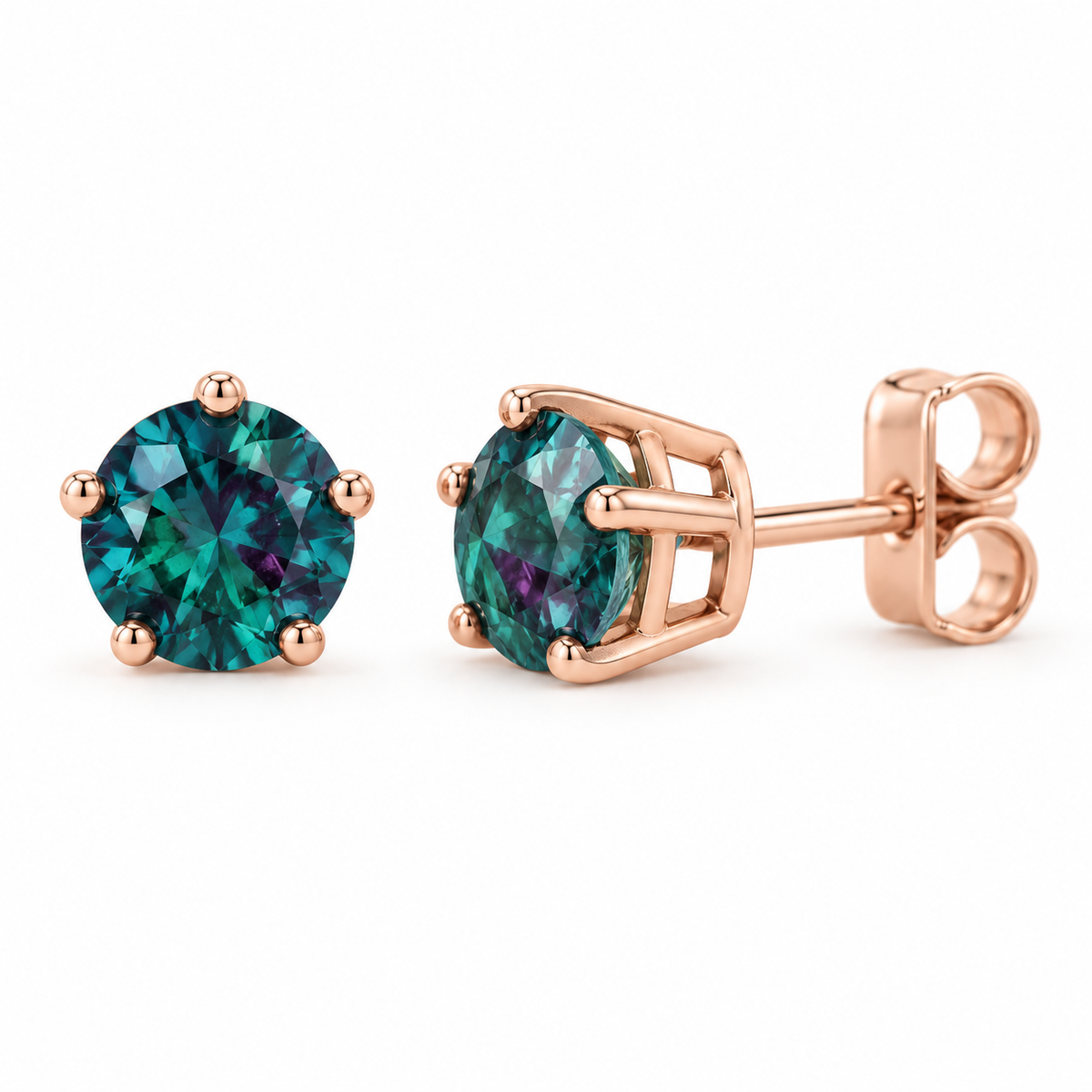 14K Rose Gold Lab-Grown Alexandrite Solitaire Stud Earrings — 4 mm stones — enhanced studio view