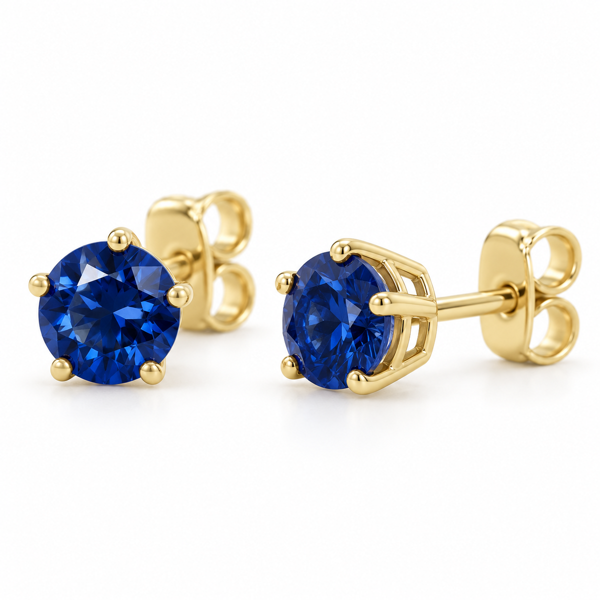 14K Yellow Gold Lab-Grown Blue Sapphire Solitaire Stud Earrings — 4 mm stones — enhanced studio view