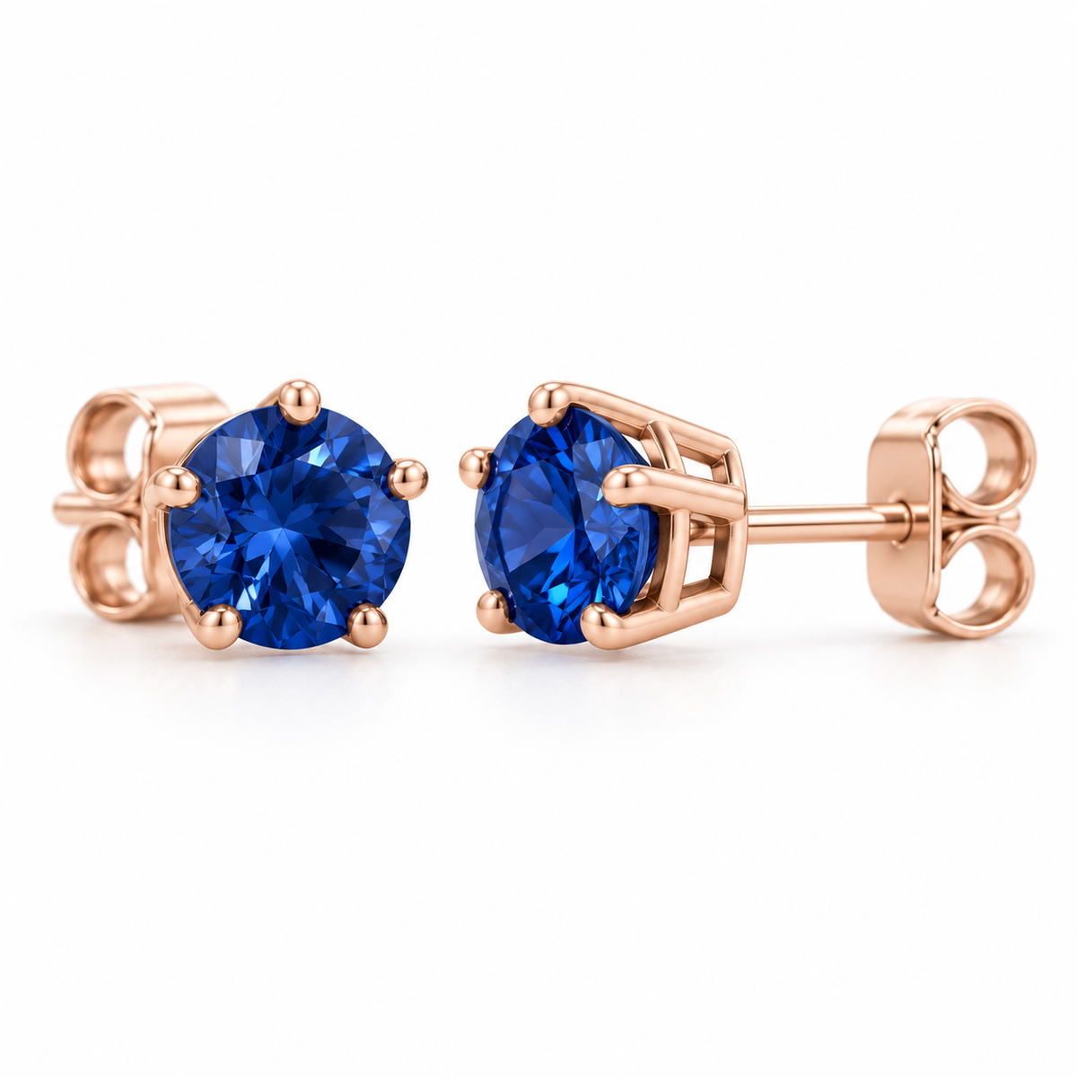 14K Rose Gold Lab-Grown Blue Sapphire Solitaire Stud Earrings — 4 mm stones — enhanced studio view