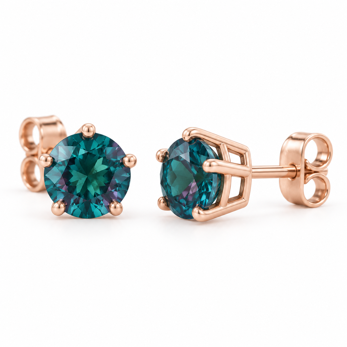 14K Rose Gold Lab-Grown Alexandrite Solitaire Stud Earrings — 6 mm stones — enhanced studio view
