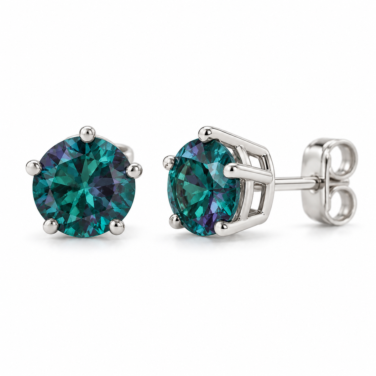 14K White Gold Lab-Grown Alexandrite Solitaire Stud Earrings — 6 mm stones — enhanced studio view