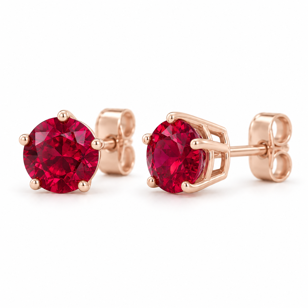 14K Rose Gold Lab-Grown Ruby Solitaire Stud Earrings — 6 mm stones — enhanced studio view