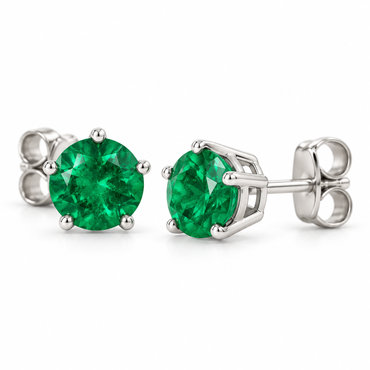 14K White Gold Lab-Grown Emerald Solitaire Stud Earrings — 6 mm stones — enhanced studio view