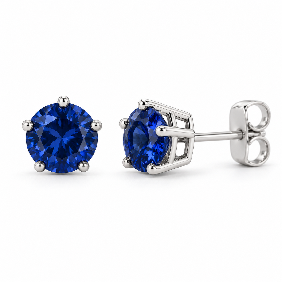 14K White Gold Lab-Grown Blue Sapphire Solitaire Stud Earrings — 6 mm stones — enhanced studio view