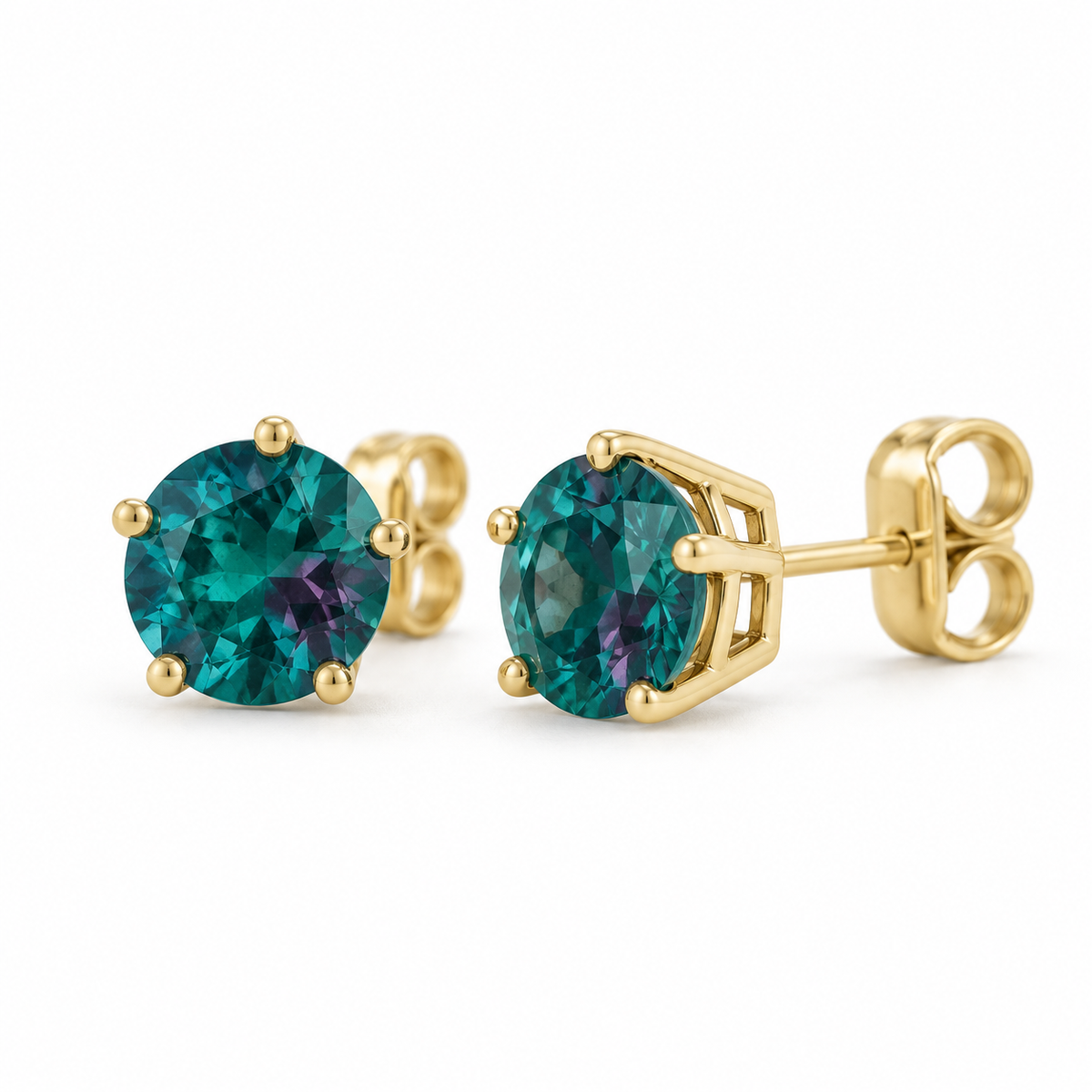 14K Yellow Gold Lab-Grown Alexandrite Solitaire Stud Earrings — 6 mm stones — enhanced studio view