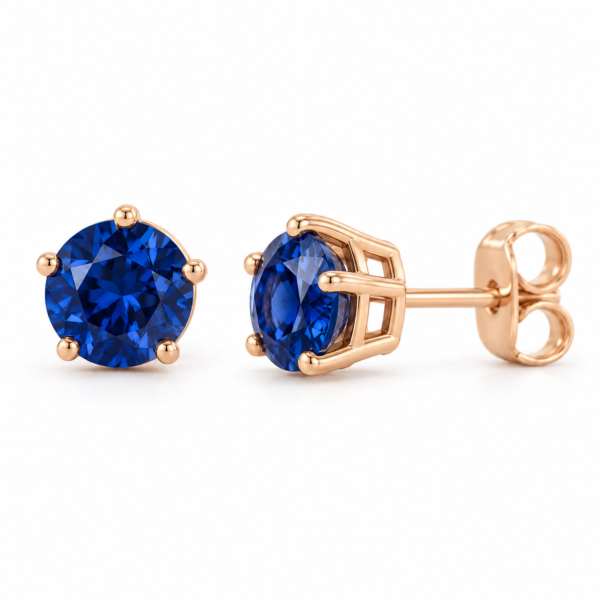 14K Rose Gold Lab-Grown Blue Sapphire Solitaire Stud Earrings — 6 mm stones — enhanced studio view
