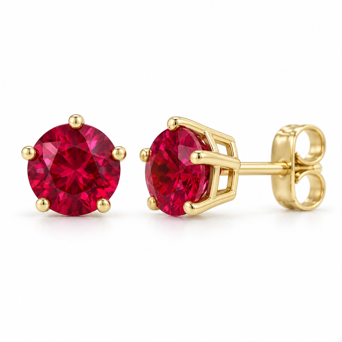 14K Yellow Gold Lab-Grown Ruby Solitaire Stud Earrings — 6 mm stones — enhanced studio view