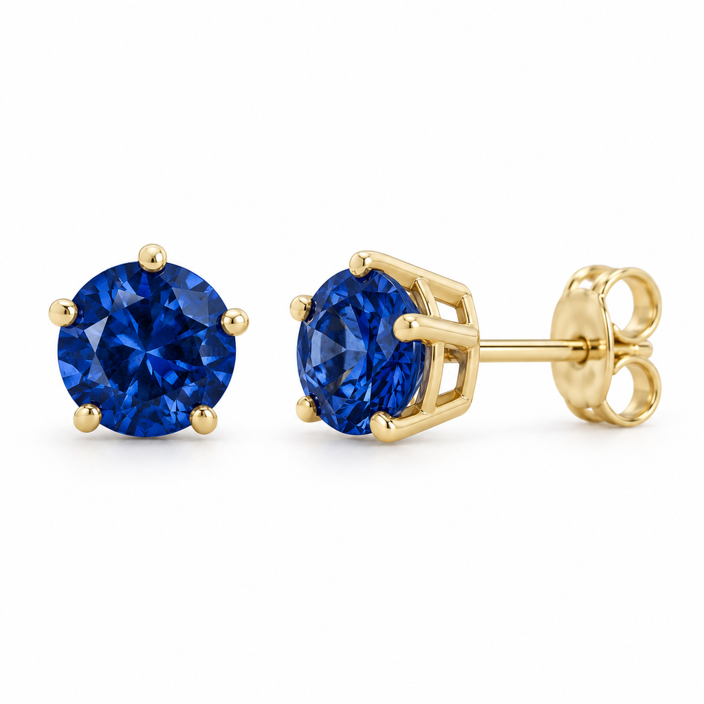14K Yellow Gold Lab-Grown Blue Sapphire Solitaire Stud Earrings — 6 mm stones — enhanced studio view