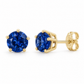 14K Yellow Gold Lab-Grown Blue Sapphire Solitaire Stud Earrings — 6 mm stones — enhanced studio view