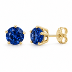 14K Yellow Gold Lab-Grown Blue Sapphire Solitaire Stud Earrings — 6 mm stones — enhanced studio view