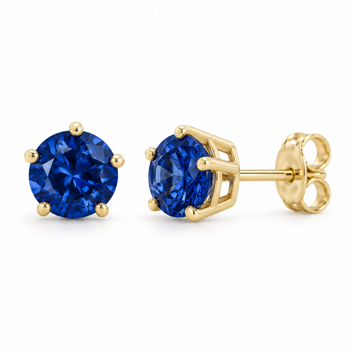 14K Yellow Gold Lab-Grown Blue Sapphire Solitaire Stud Earrings — 6 mm stones — enhanced studio view