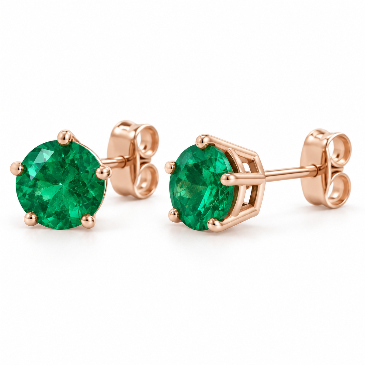14K Rose Gold Lab-Grown Emerald Solitaire Stud Earrings — 6 mm stones — enhanced studio view
