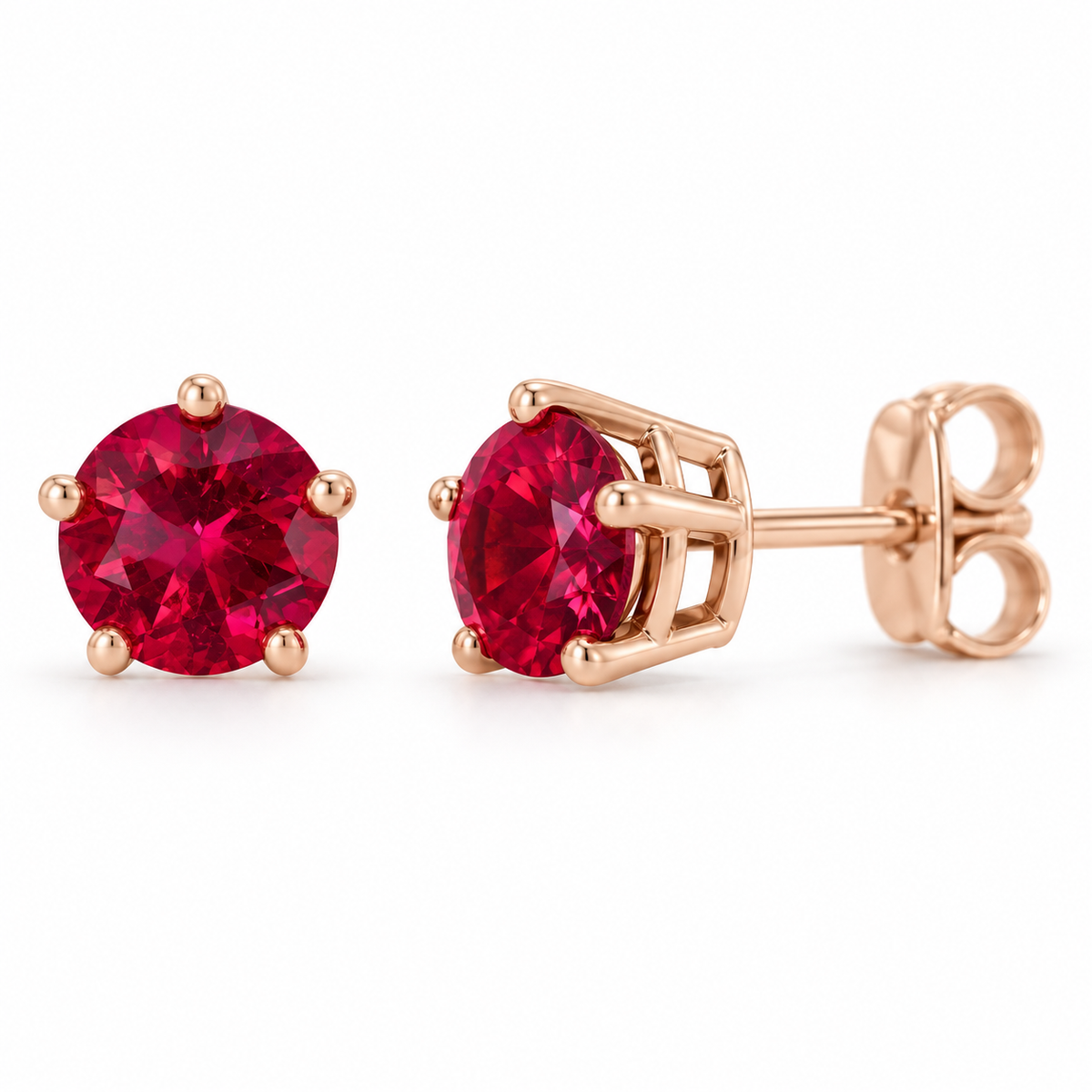 14K Rose Gold Lab-Grown Ruby Solitaire Stud Earrings — 5 mm stones — enhanced studio view