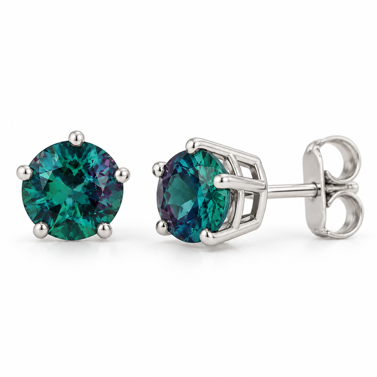 14K White Gold Lab-Grown Alexandrite Solitaire Stud Earrings — 5 mm stones — enhanced studio view