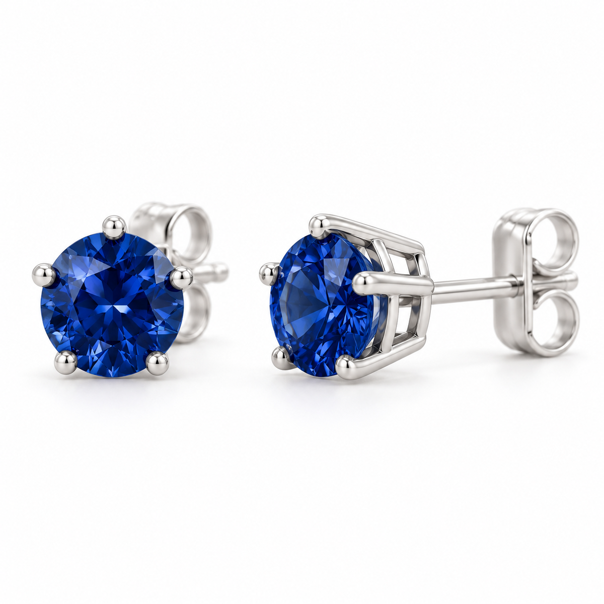 14K White Gold Lab-Grown Blue Sapphire Solitaire Stud Earrings — 5 mm stones — enhanced studio view