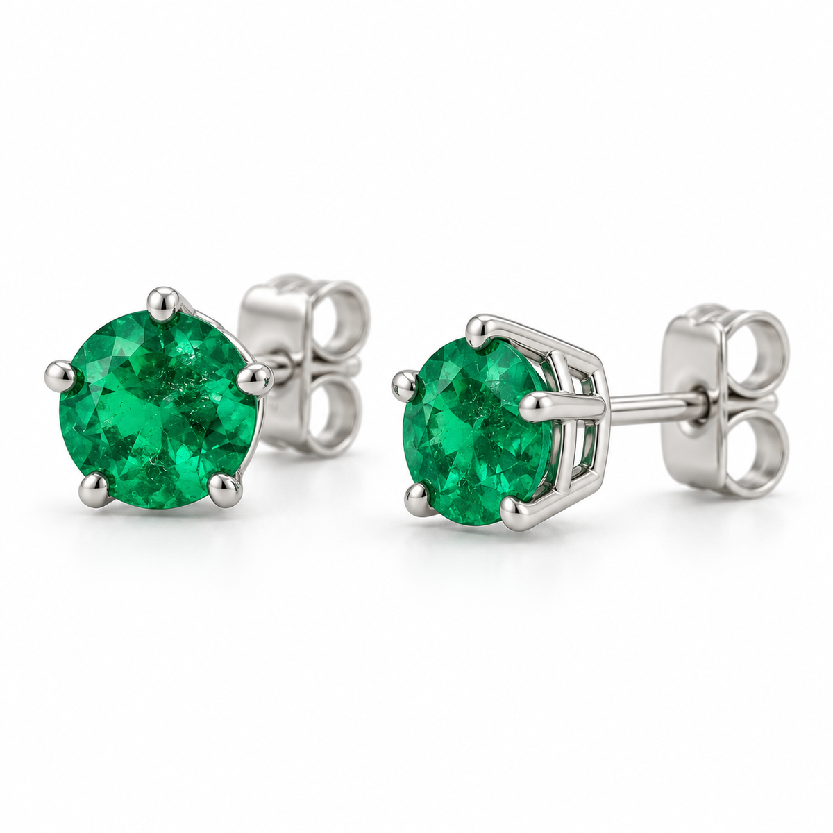 14K White Gold Lab-Grown Emerald Solitaire Stud Earrings — 5 mm stones — enhanced studio view