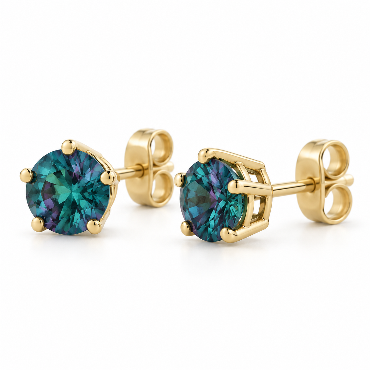 14K Yellow Gold Lab-Grown Alexandrite Solitaire Stud Earrings — 5 mm stones — enhanced studio view