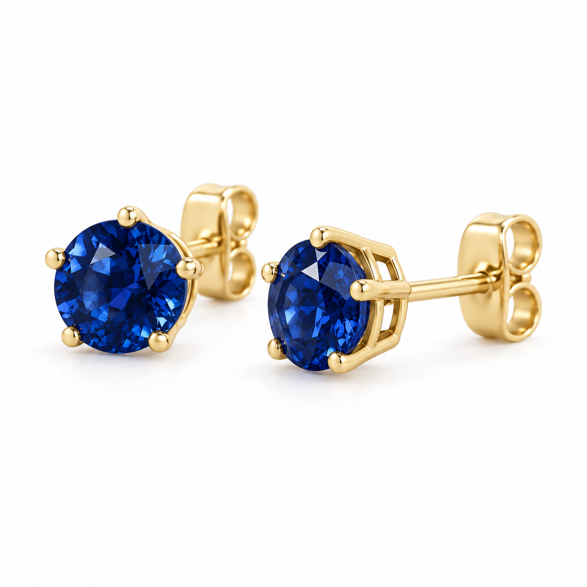 14K Yellow Gold Lab-Grown Blue Sapphire Solitaire Stud Earrings — 5 mm stones — enhanced studio view