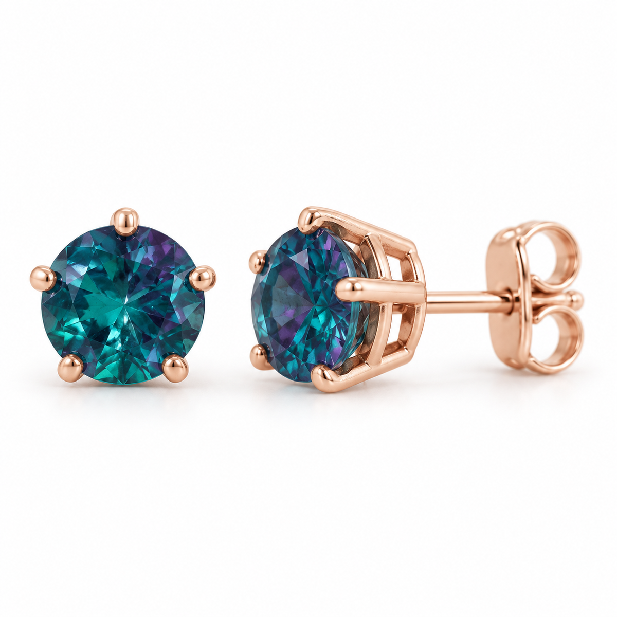 14K Rose Gold Lab-Grown Alexandrite Solitaire Stud Earrings — 5 mm stones — enhanced studio view