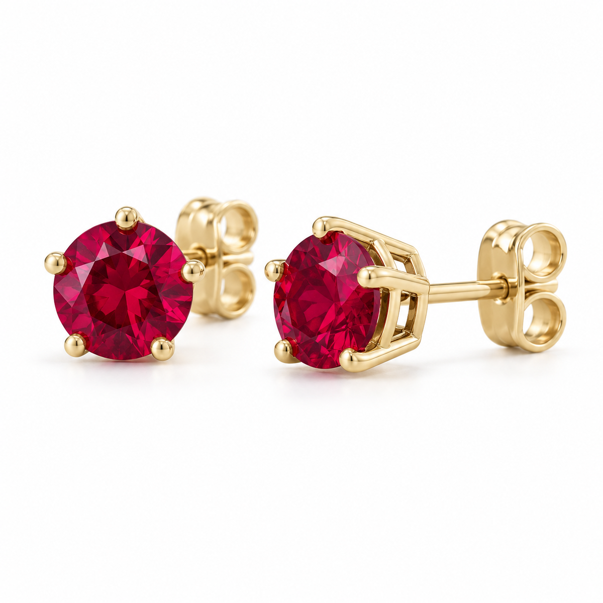 14K Yellow Gold Lab-Grown Ruby Solitaire Stud Earrings — 5 mm stones — enhanced studio view