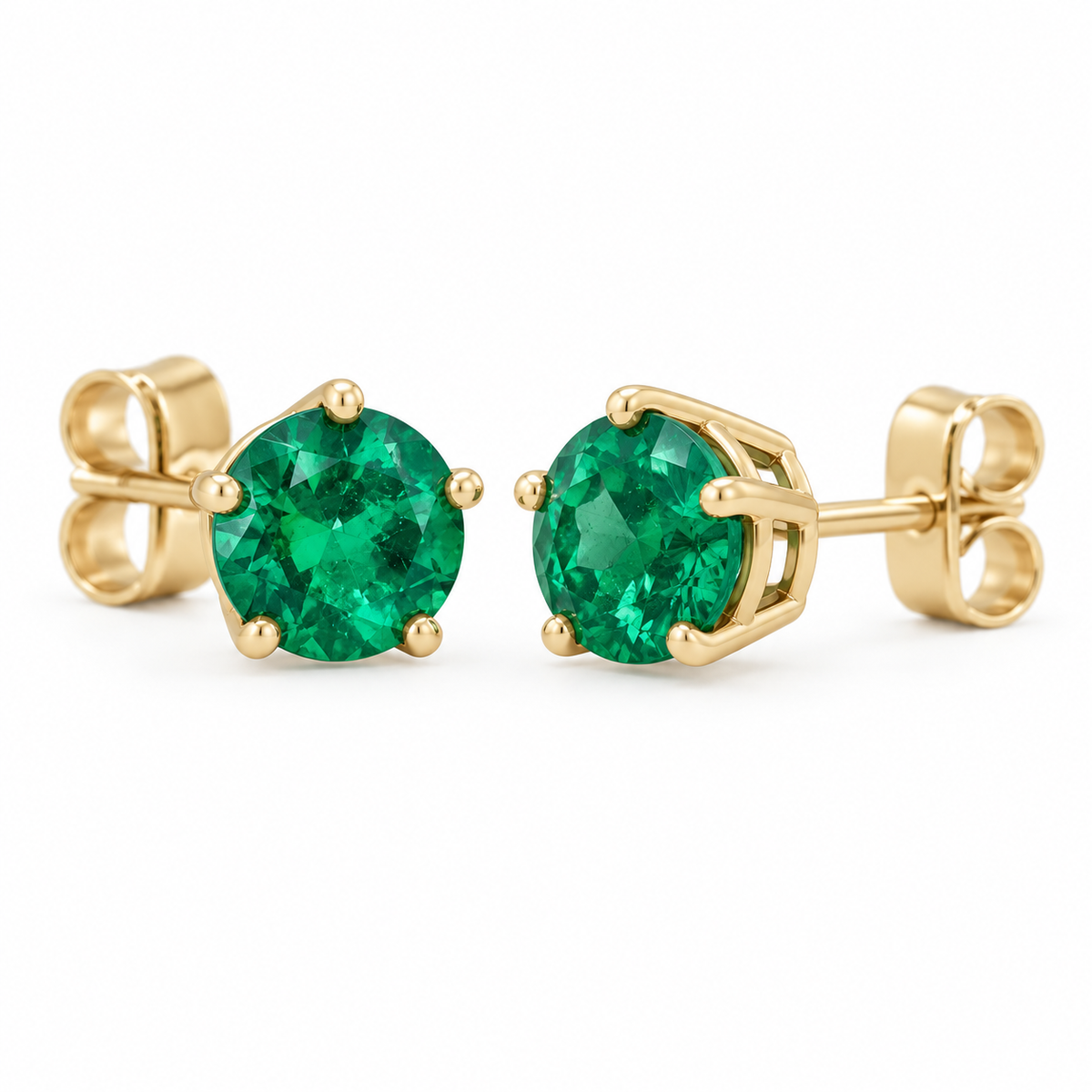 14K Yellow Gold Lab-Grown Emerald Solitaire Stud Earrings — 5 mm stones — enhanced studio view