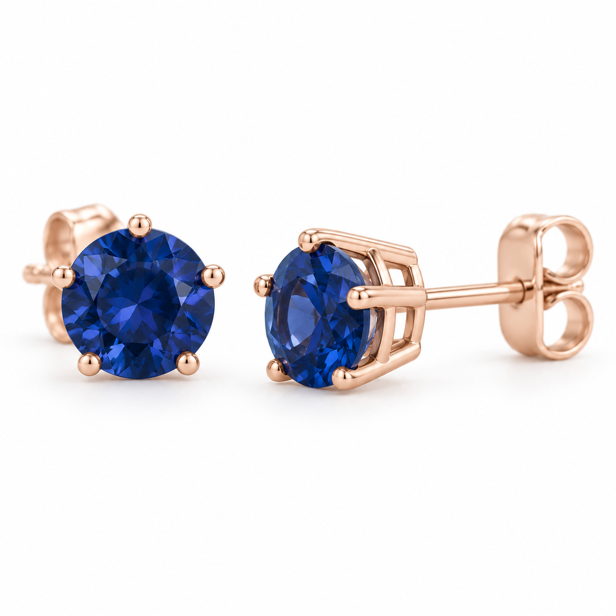 14K Rose Gold Lab-Grown Blue Sapphire Solitaire Stud Earrings — 5 mm stones — enhanced studio view