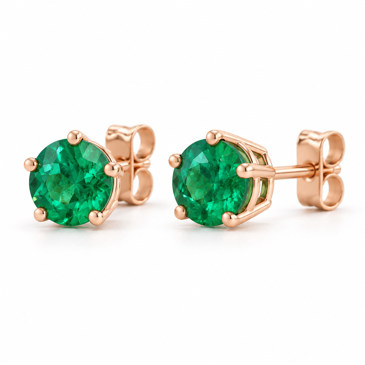 14K Rose Gold Lab-Grown Emerald Solitaire Stud Earrings — 5 mm stones — enhanced studio view