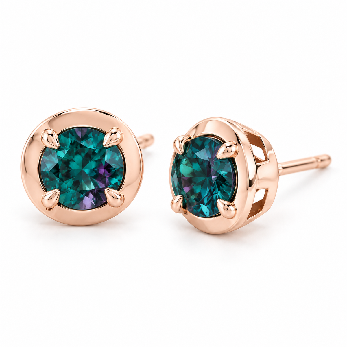 14K Rose Gold Lab-Grown Alexandrite Claw Bezel Stud Earrings — 5 mm stones — enhanced studio view