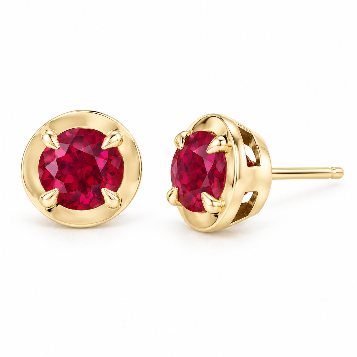 14K Yellow Gold Lab-Grown Ruby Claw Bezel Stud Earrings — 5 mm stones — enhanced studio view