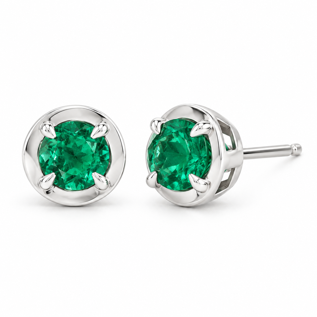 14K White Gold Lab-Grown Emerald Claw Bezel Stud Earrings — 5 mm stones — enhanced studio view