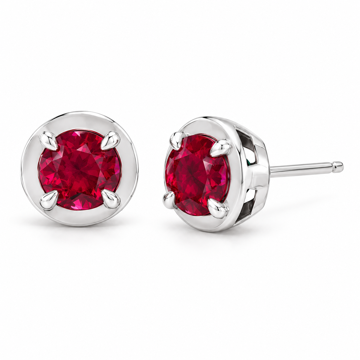 14K White Gold Lab-Grown Ruby Claw Bezel Stud Earrings — 5 mm stones — enhanced studio view