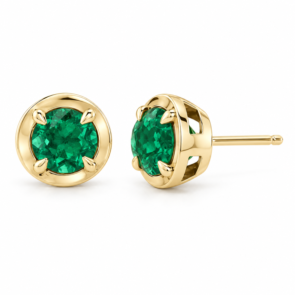 14K Yellow Gold Lab-Grown Emerald Claw Bezel Stud Earrings — 5 mm stones — enhanced studio view