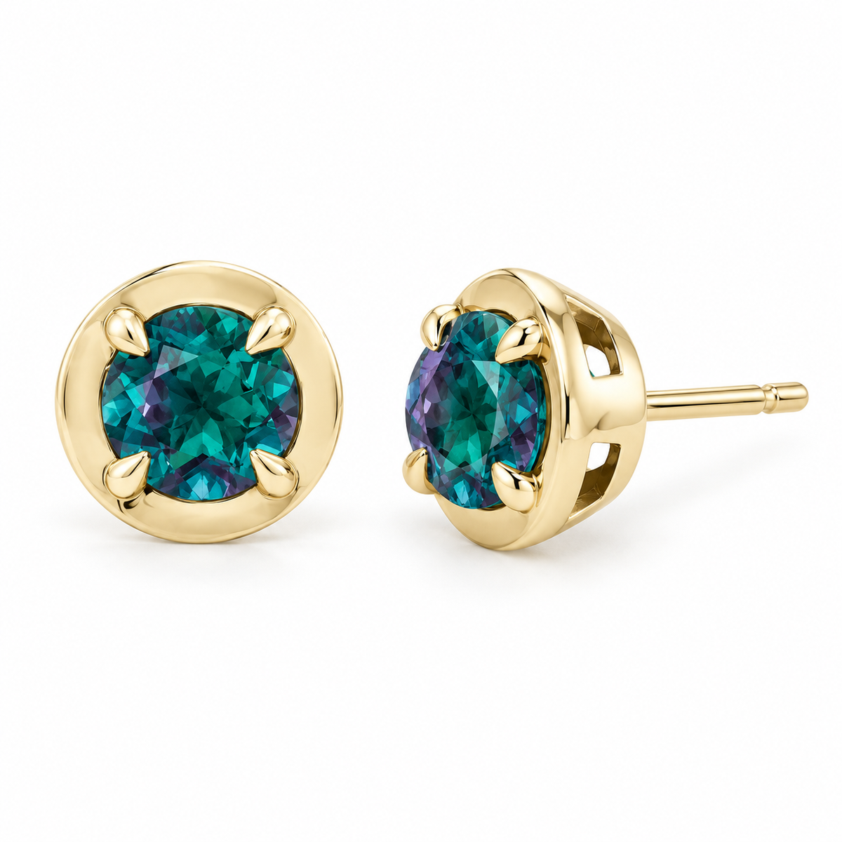 14K Yellow Gold Lab-Grown Alexandrite Claw Bezel Stud Earrings — 5 mm stones — enhanced studio view