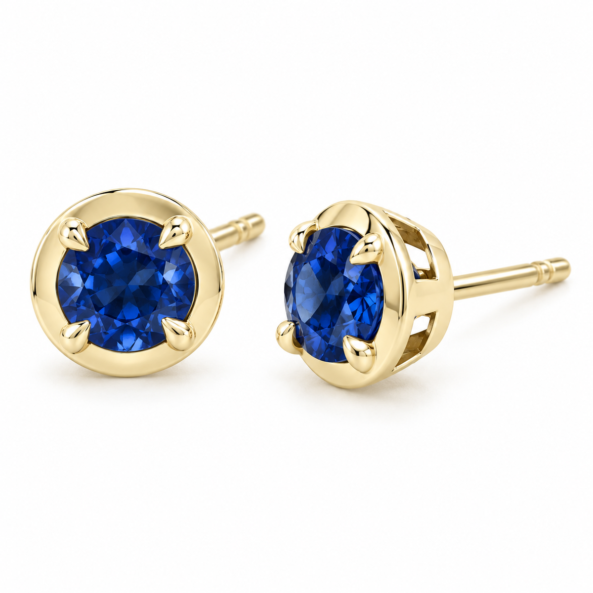 14K Yellow Gold Lab-Grown Blue Sapphire Claw Bezel Stud Earrings — 5 mm stones — enhanced studio view