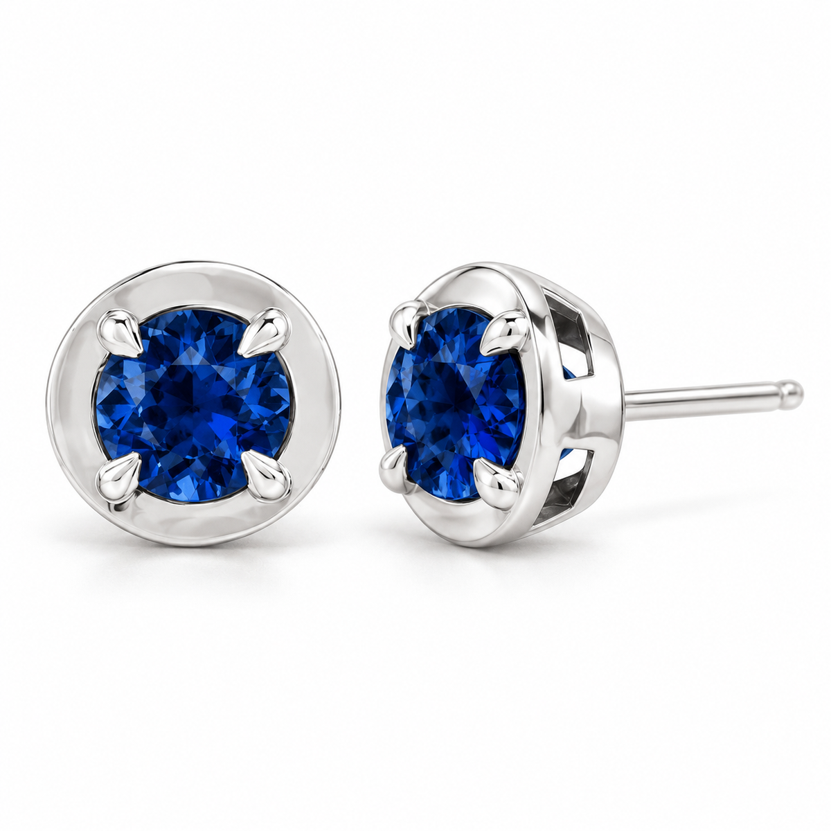 14K White Gold Lab-Grown Blue Sapphire Claw Bezel Stud Earrings — 5 mm stones — enhanced studio view