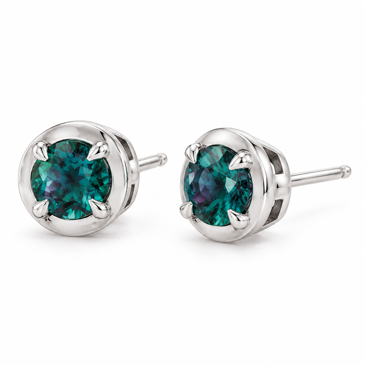 14K White Gold Lab-Grown Alexandrite Claw Bezel Stud Earrings — 5 mm stones — enhanced studio view