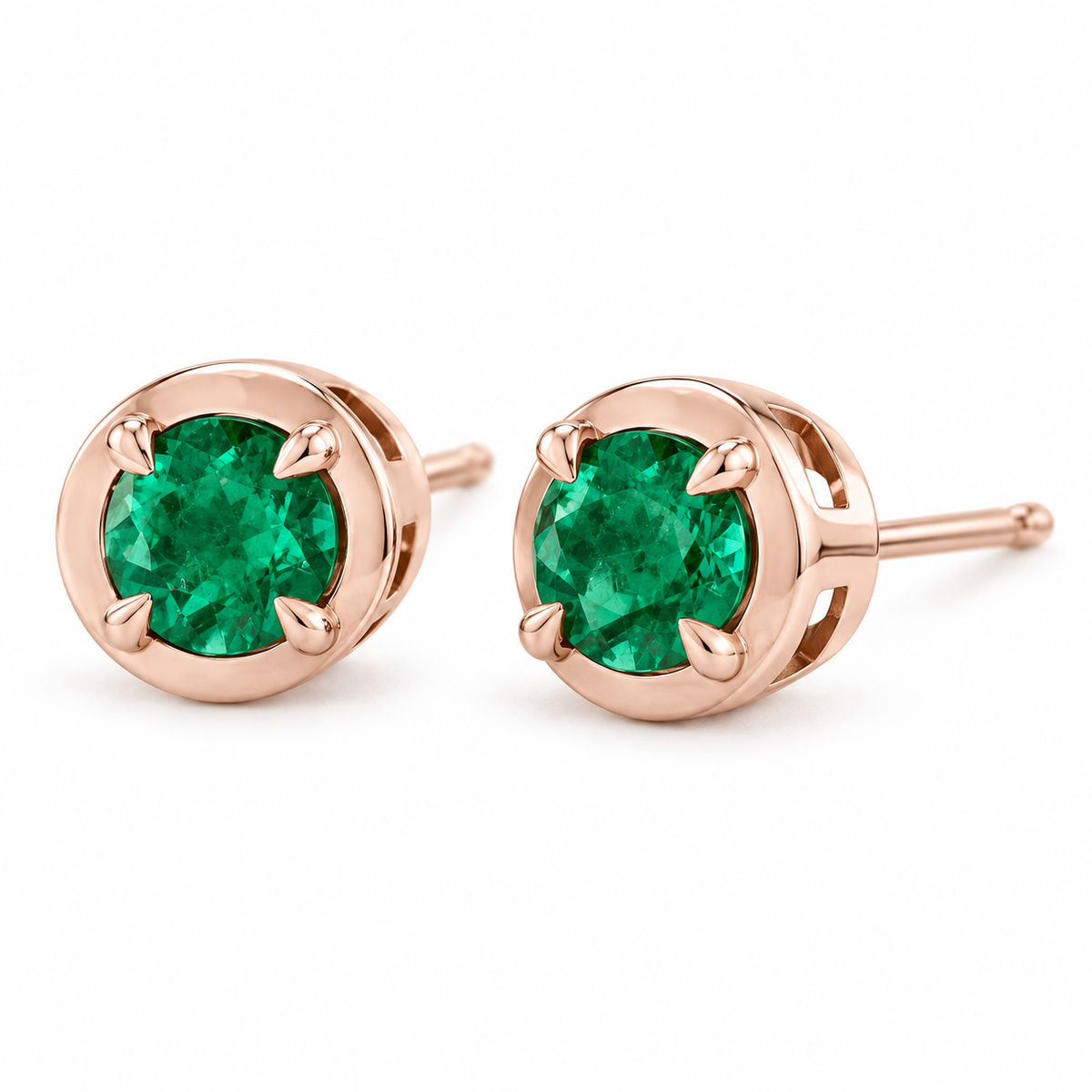 14K Rose Gold Lab-Grown Emerald Claw Bezel Stud Earrings — 5 mm stones — enhanced studio view