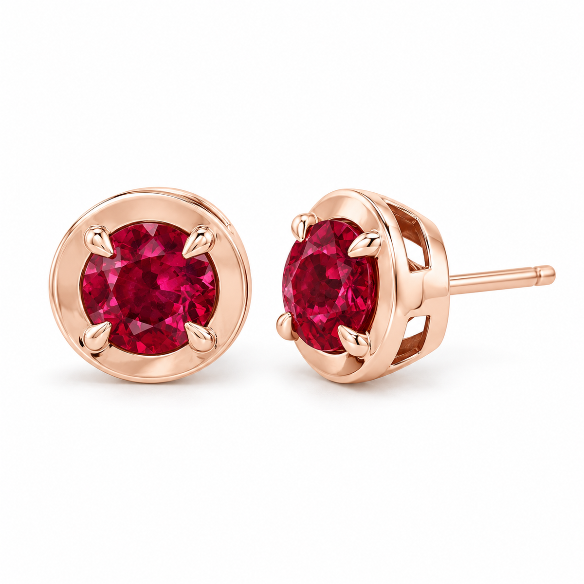 14K Rose Gold Lab-Grown Ruby Claw Bezel Stud Earrings — 5 mm stones — enhanced studio view