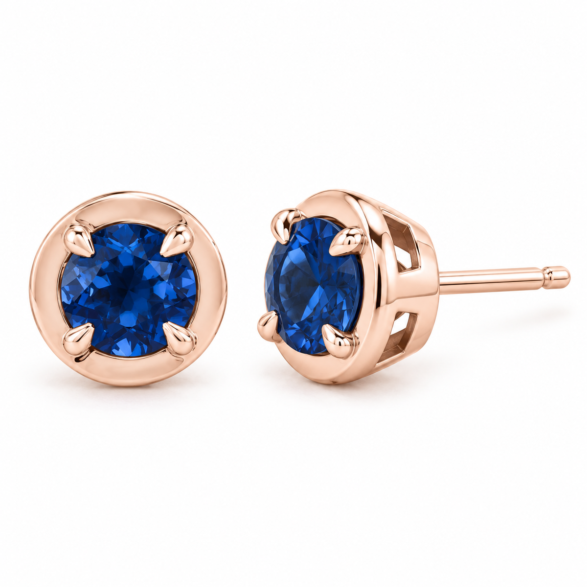 14K Rose Gold Lab-Grown Blue Sapphire Claw Bezel Stud Earrings — 5 mm stones — enhanced studio view